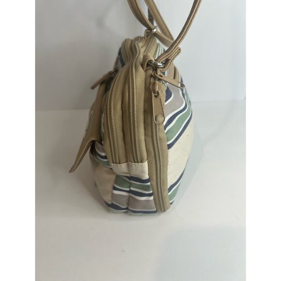 MultiSac Zippy Tan Green Blue Striped Triple Compartment Crossbody Shoulder Bag - Picture 4 of 15